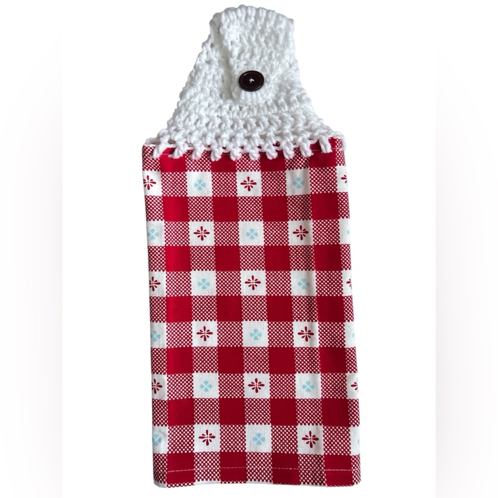 Hand Crafted Red and White Plaid Kitchen Hand Towel Crochet Top Button Closure